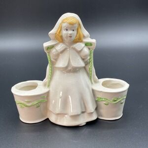 Vintage Dutch Girl With Water Buckets 1950's Ceramic Planter Figurine 6.5" X 7"